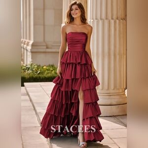 Burgundy A-line Strapless Floor-Length Taffeta Prom Dress with Ruffles Slit